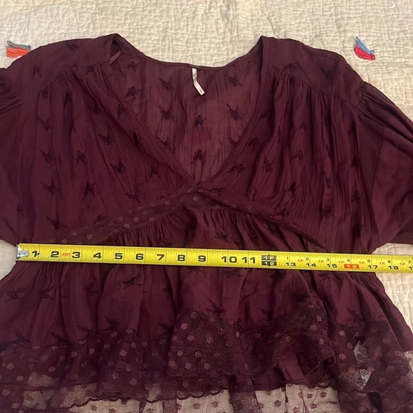 Free People Burgundy Nostalgic Feels Lace Boho Long Sleeve Peasant Top S - Picture 5 of 7